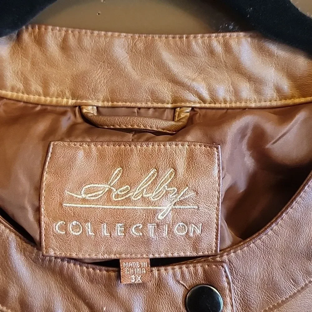 Sebby-Faux leather cognac jkt. with snap neck 3X. NWT.